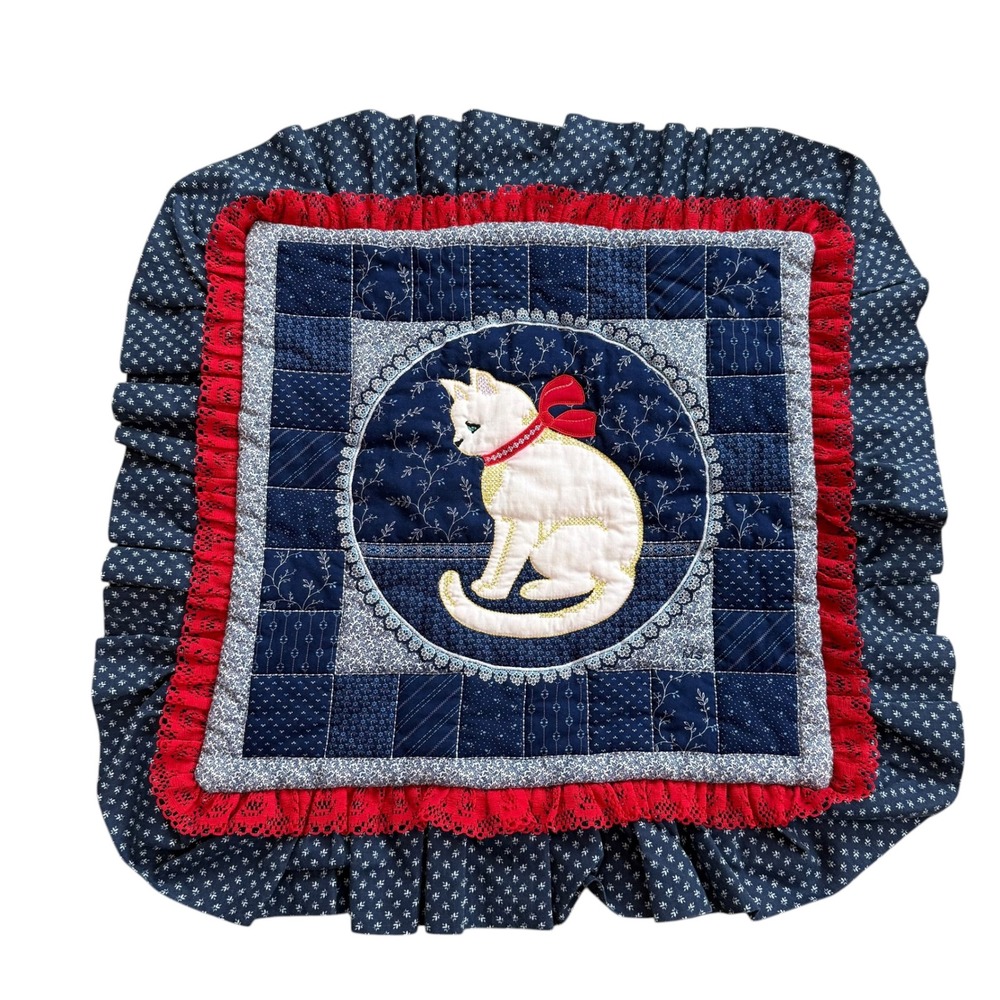 Vintage Quilted Cat Pillow Sham Navy Blue Calico Patchwork Red Lace Ruffle 21x21